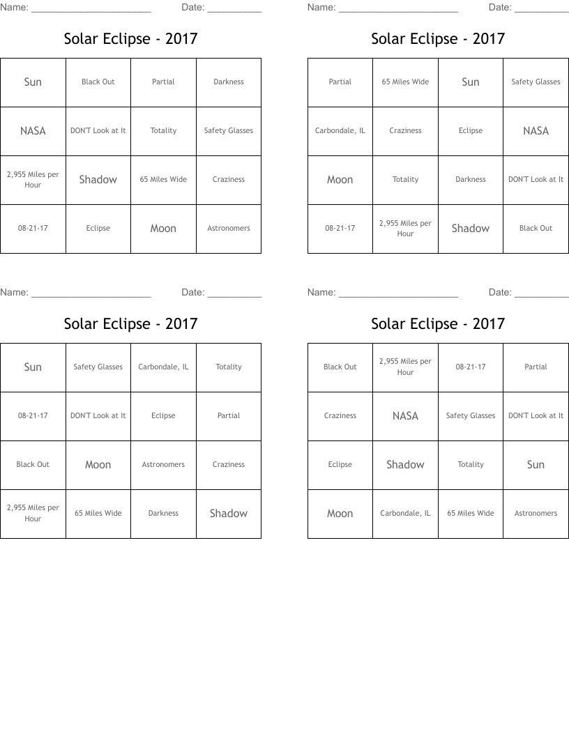 Solar Eclipse - 2017 Bingo Cards
