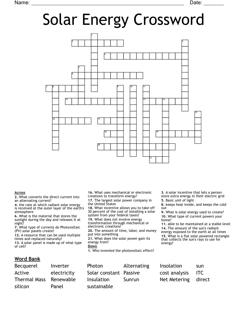 Solar Energy Crossword