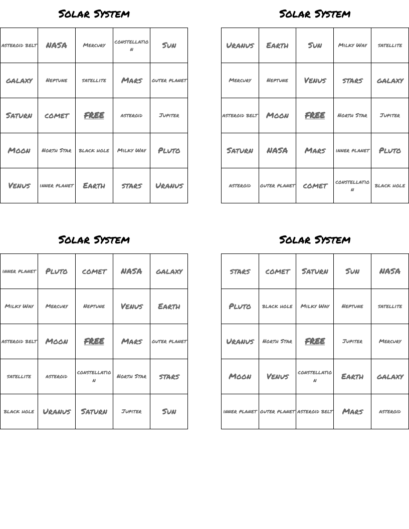 Solar System Bingo Cards