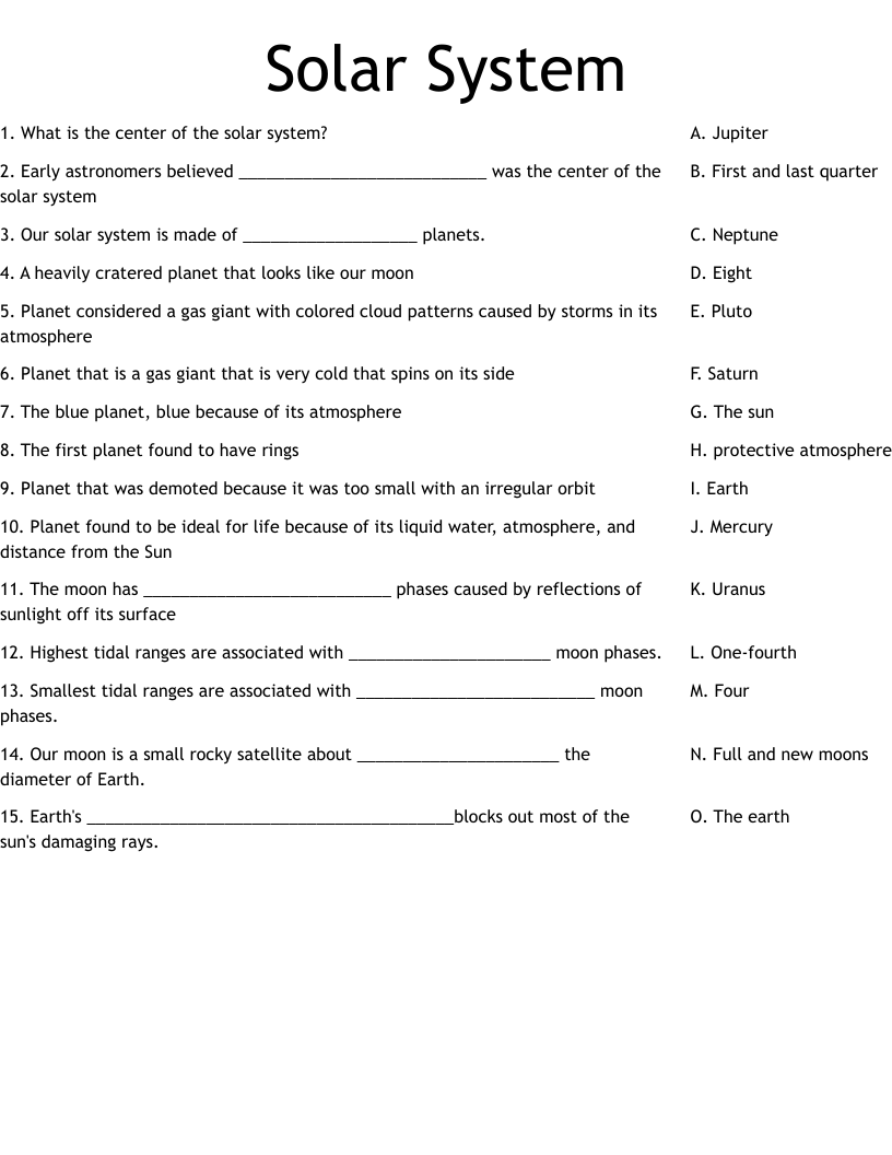 Solar System Worksheet