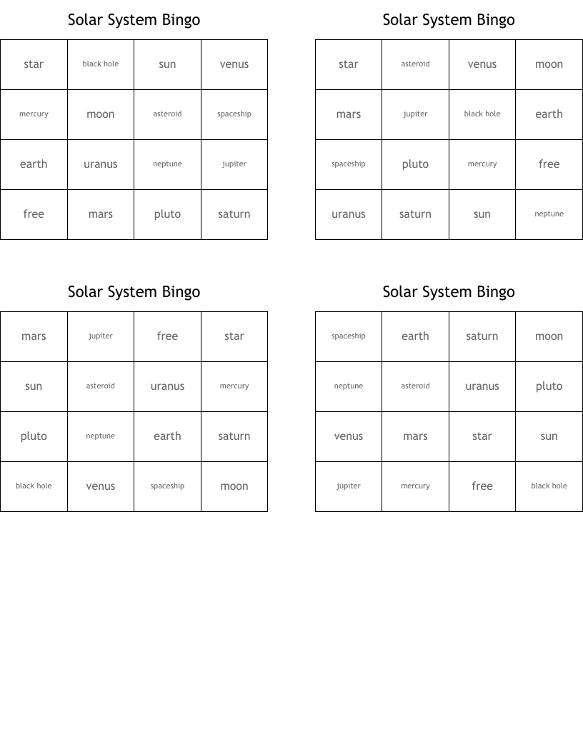 Solar System Bingo