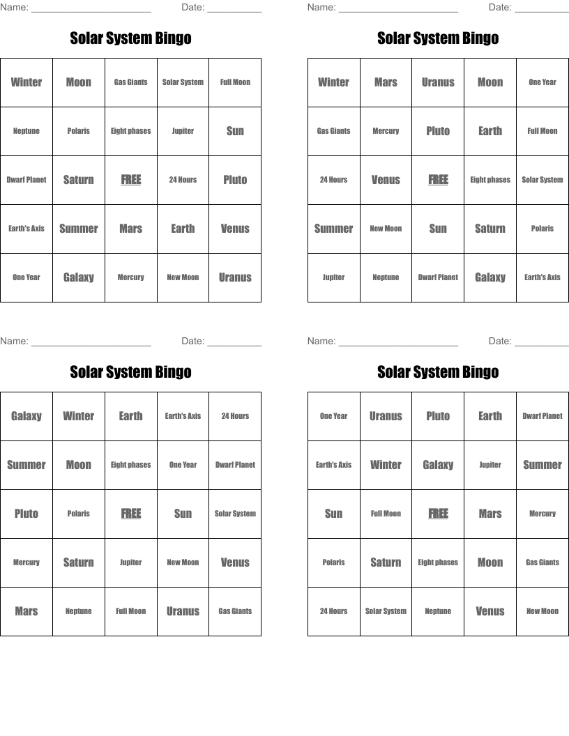 Solar System Bingo