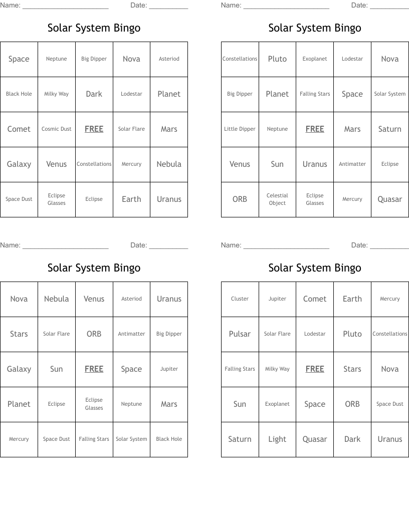Solar System Bingo
