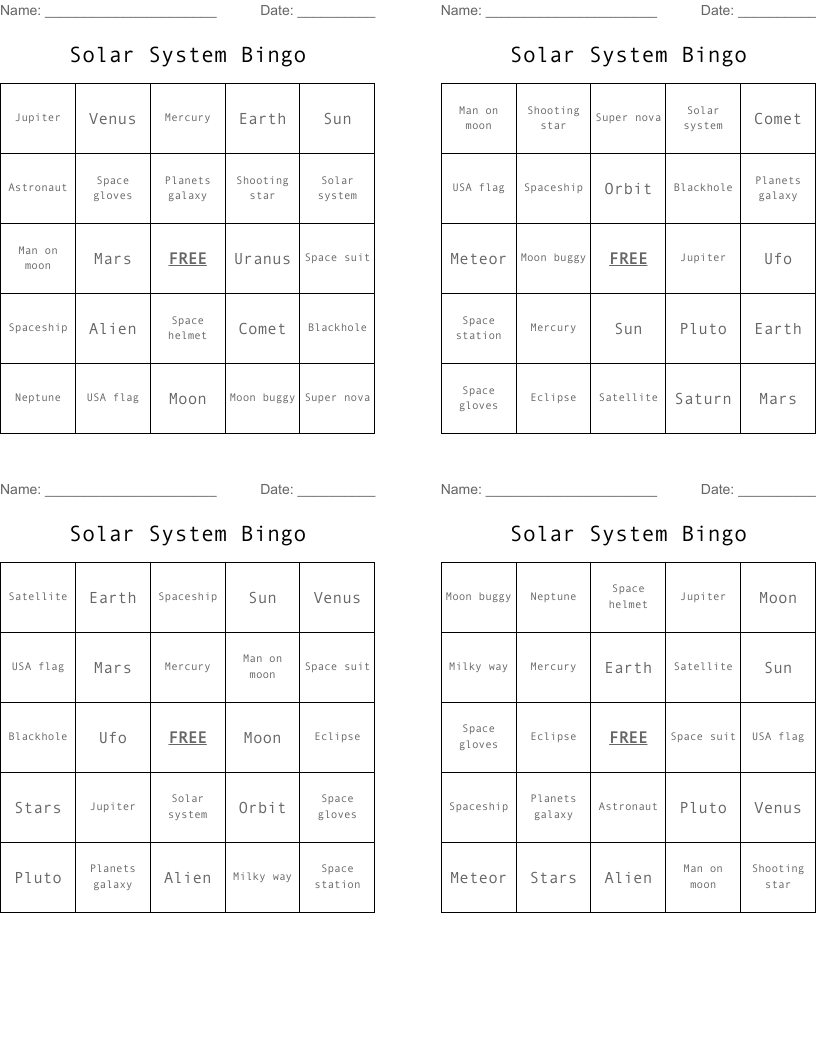 Solar System Bingo