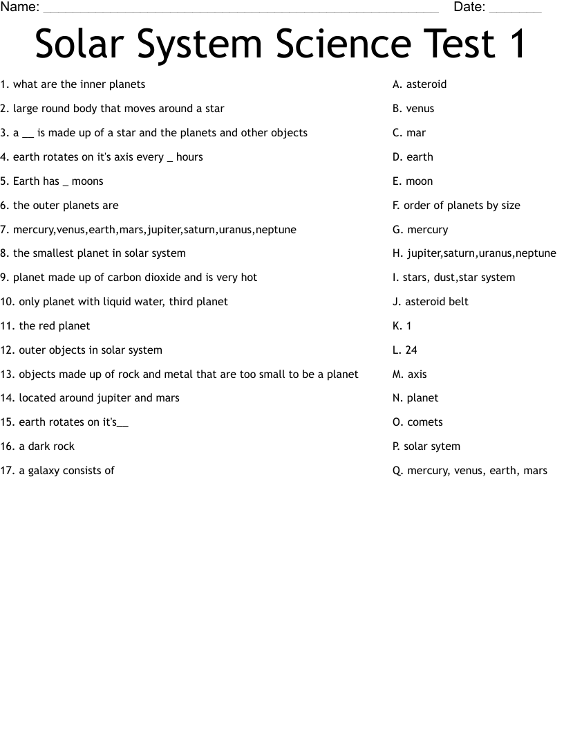 Solar System Science Test 1 Worksheet