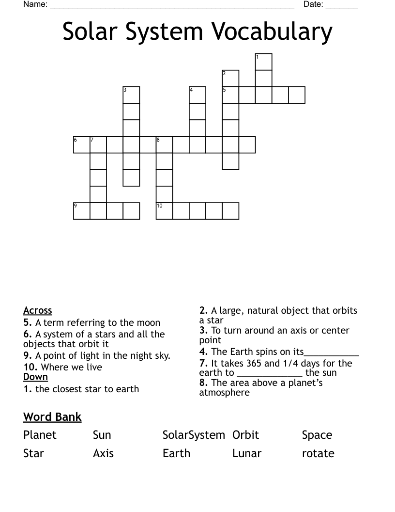 Solar System Vocabulary Crossword