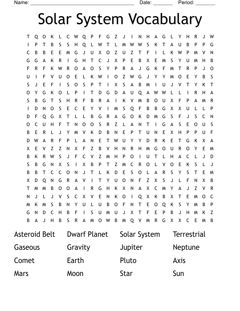 Solar System Vocabulary Word Search