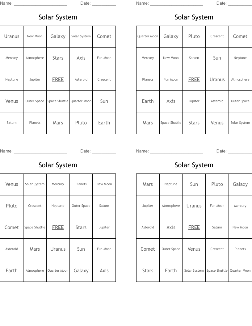 Solar System  Bingo Cards