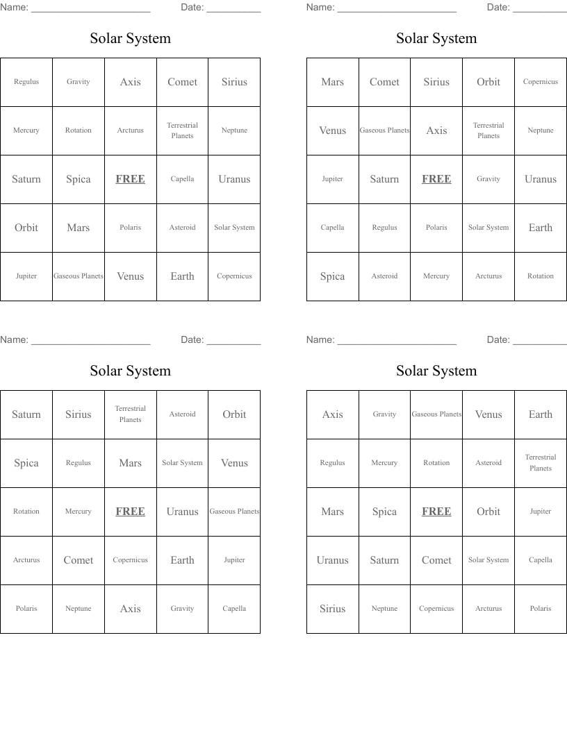 Solar System  Bingo Cards