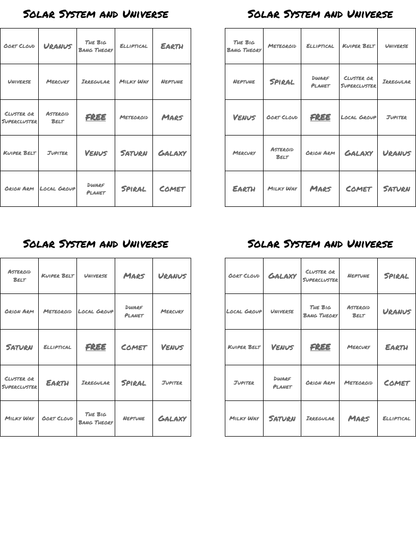 Solar System and Universe Bingo Cards