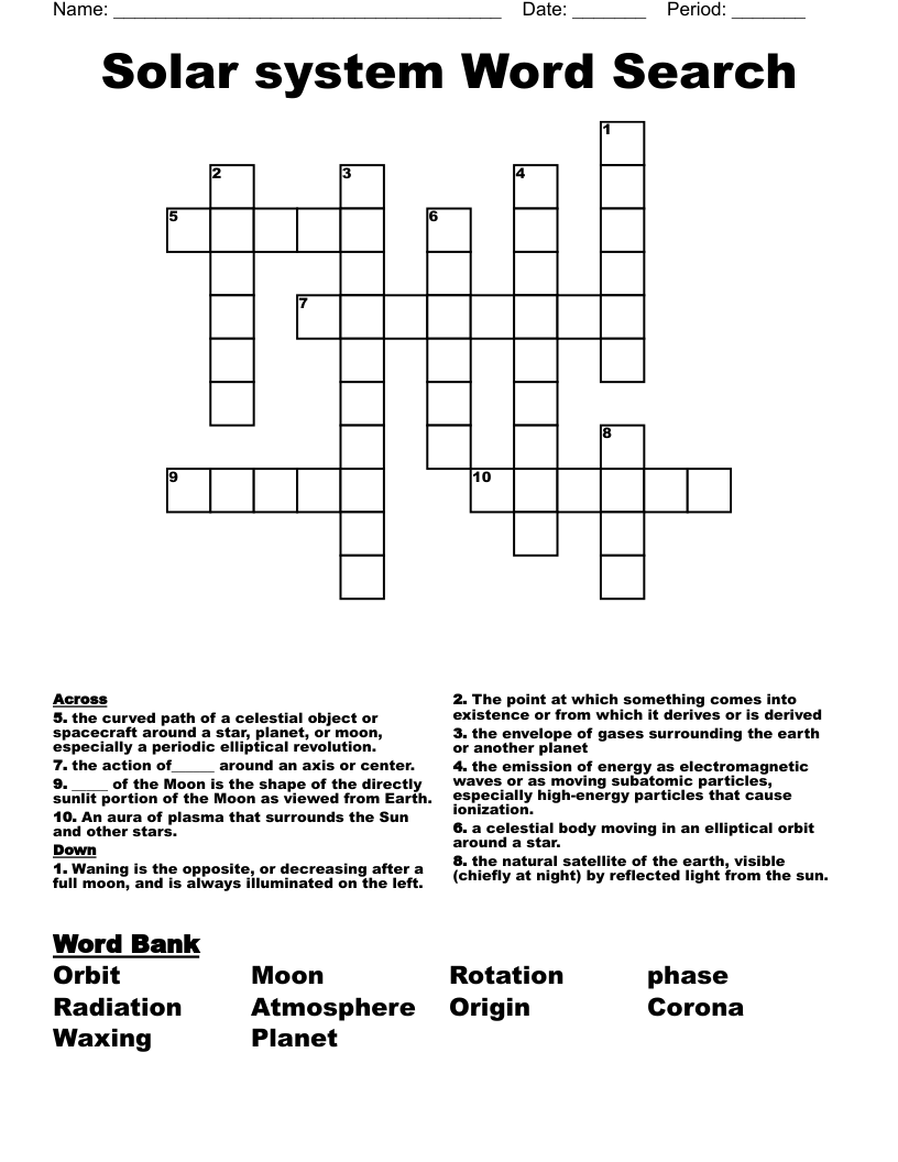 Solar system Word Search  Crossword