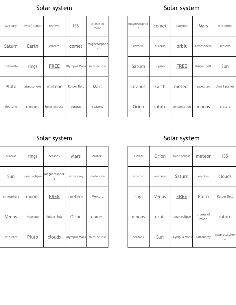 Solar system  Bingo Cards