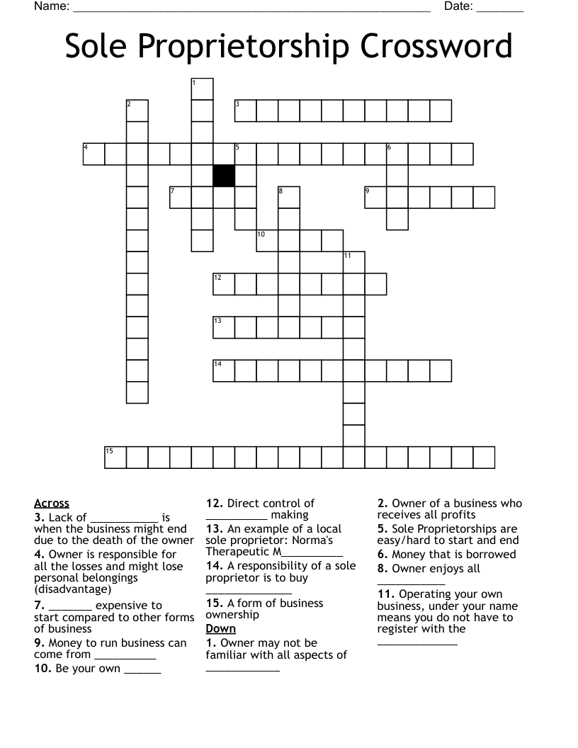 Sole Proprietorship Crossword 