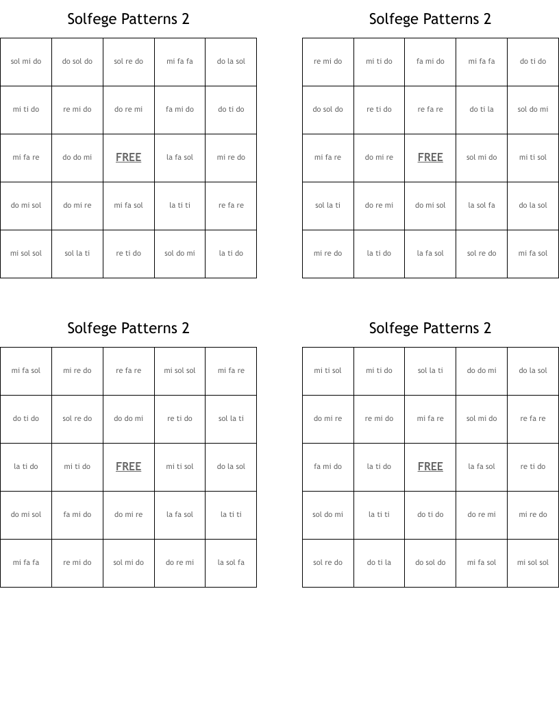 Solfege Patterns 2 Bingo Cards