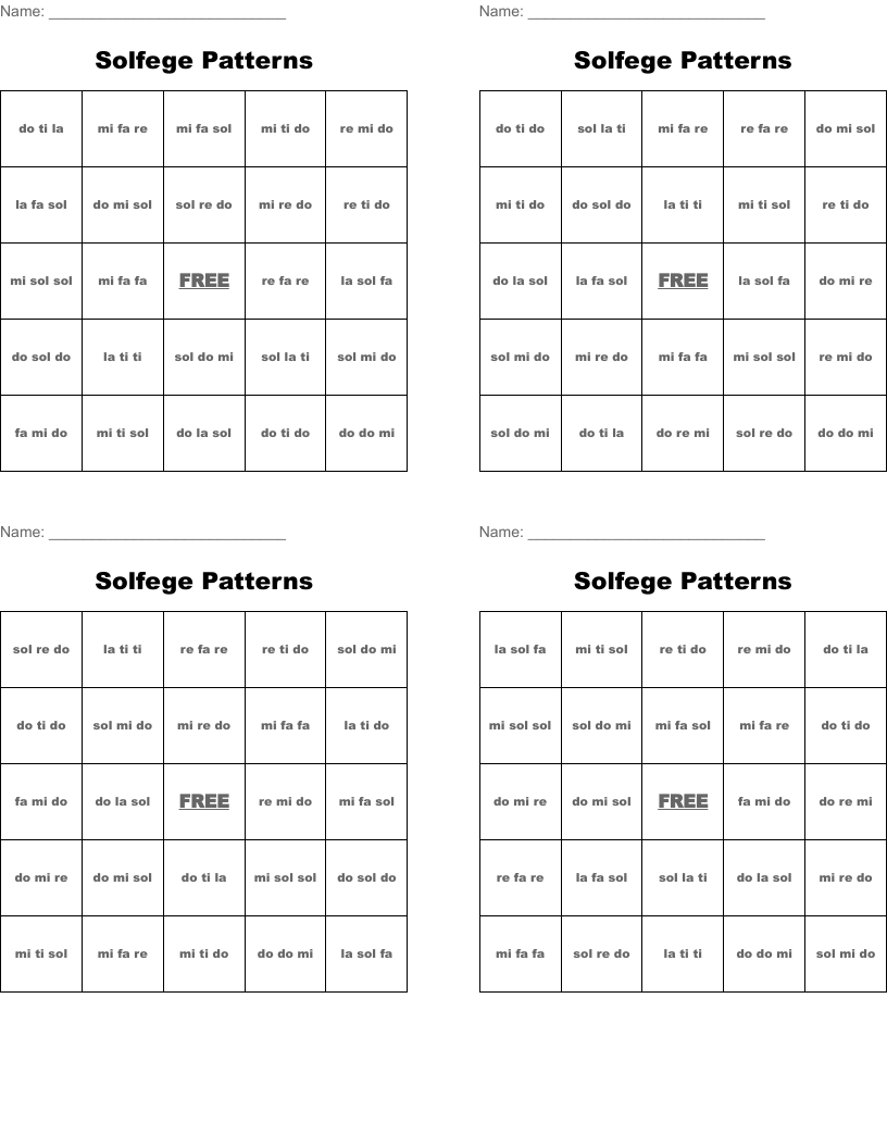 Solfege Patterns Bingo Cards