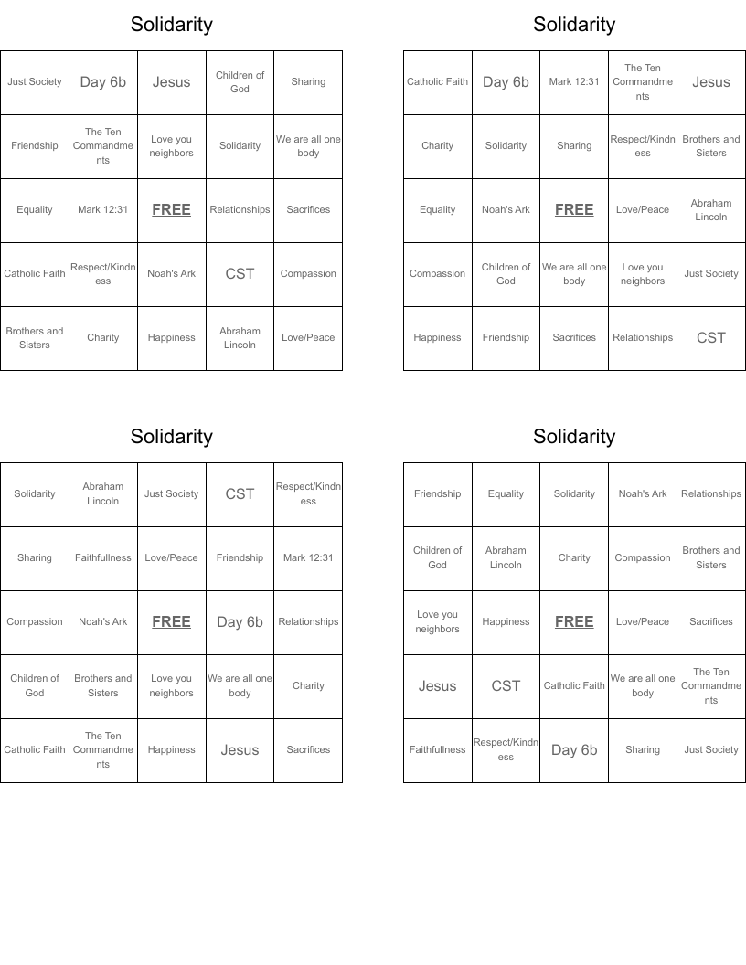 Solidarity Bingo Cards