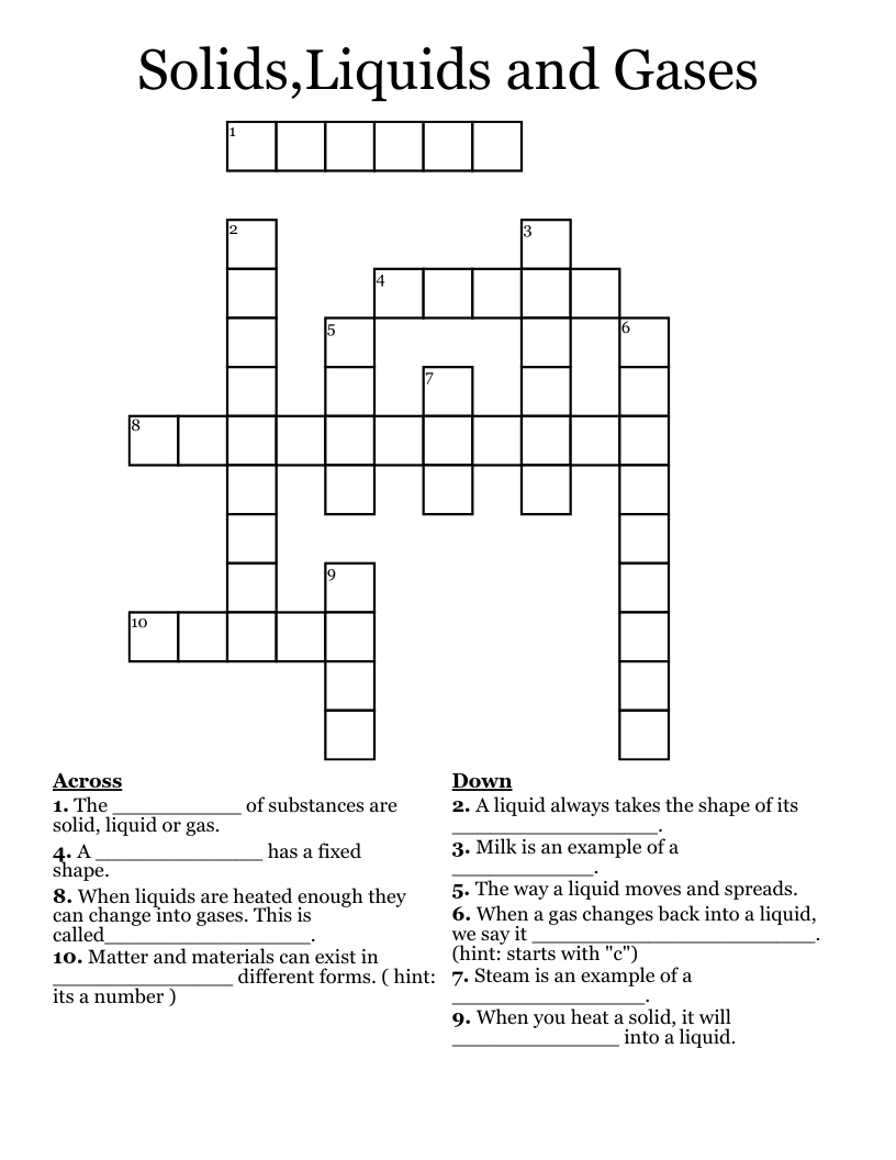 Solids,Liquids and Gases Crossword