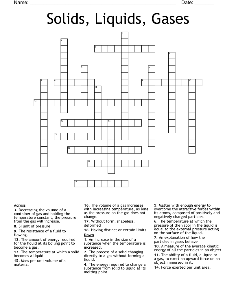 Solids, Liquids, Gases Crossword