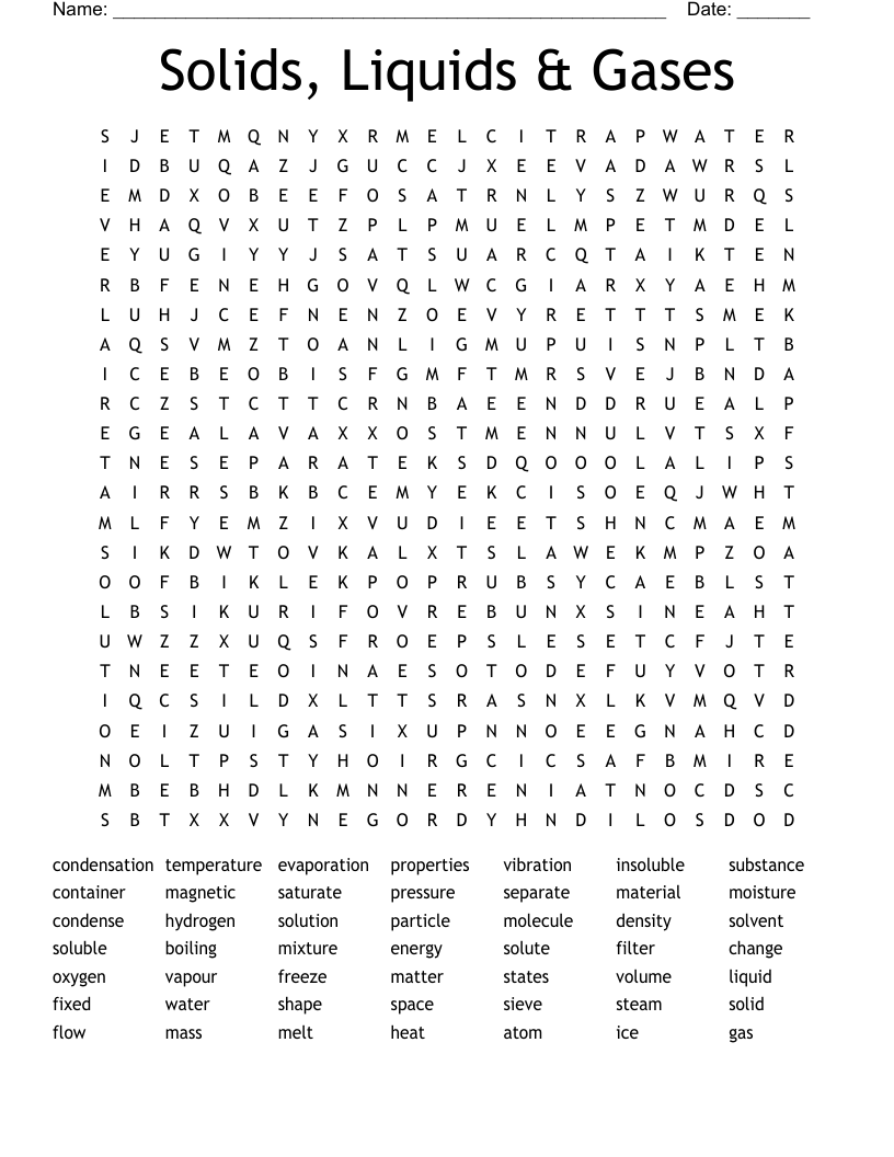 Solids, Liquids & Gases Word Search