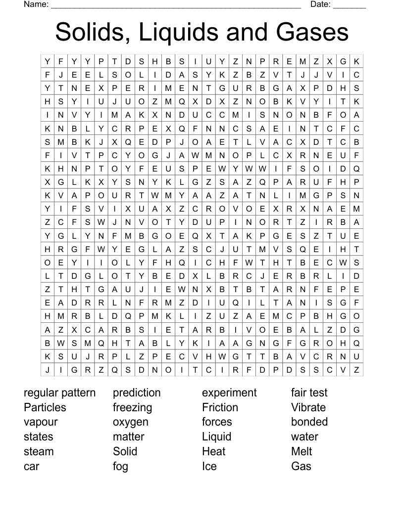 Solids, Liquids and Gases Word Search
