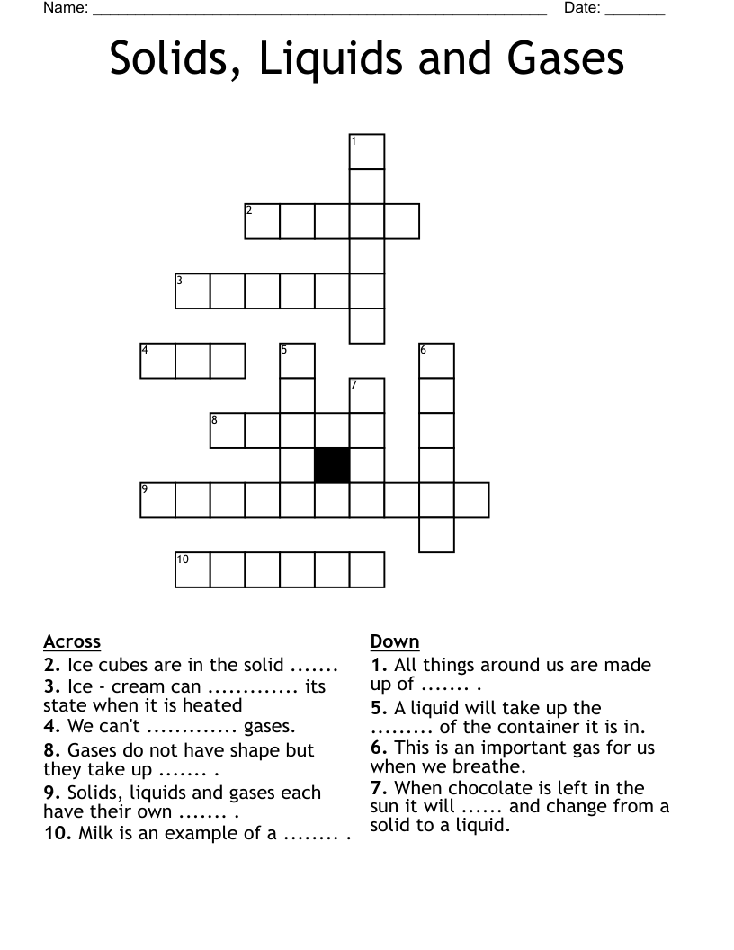 Solids, Liquids and Gases Crossword