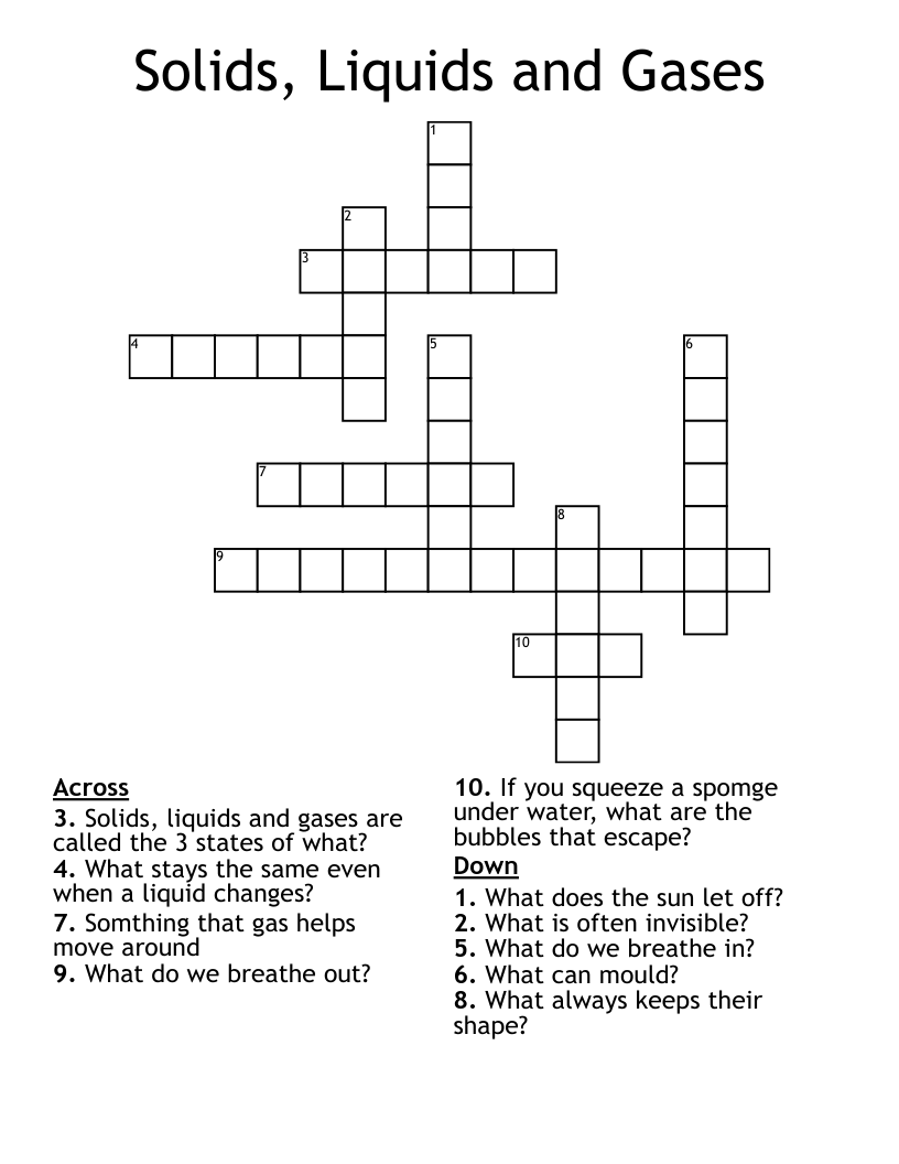 Solids, Liquids and Gases Crossword