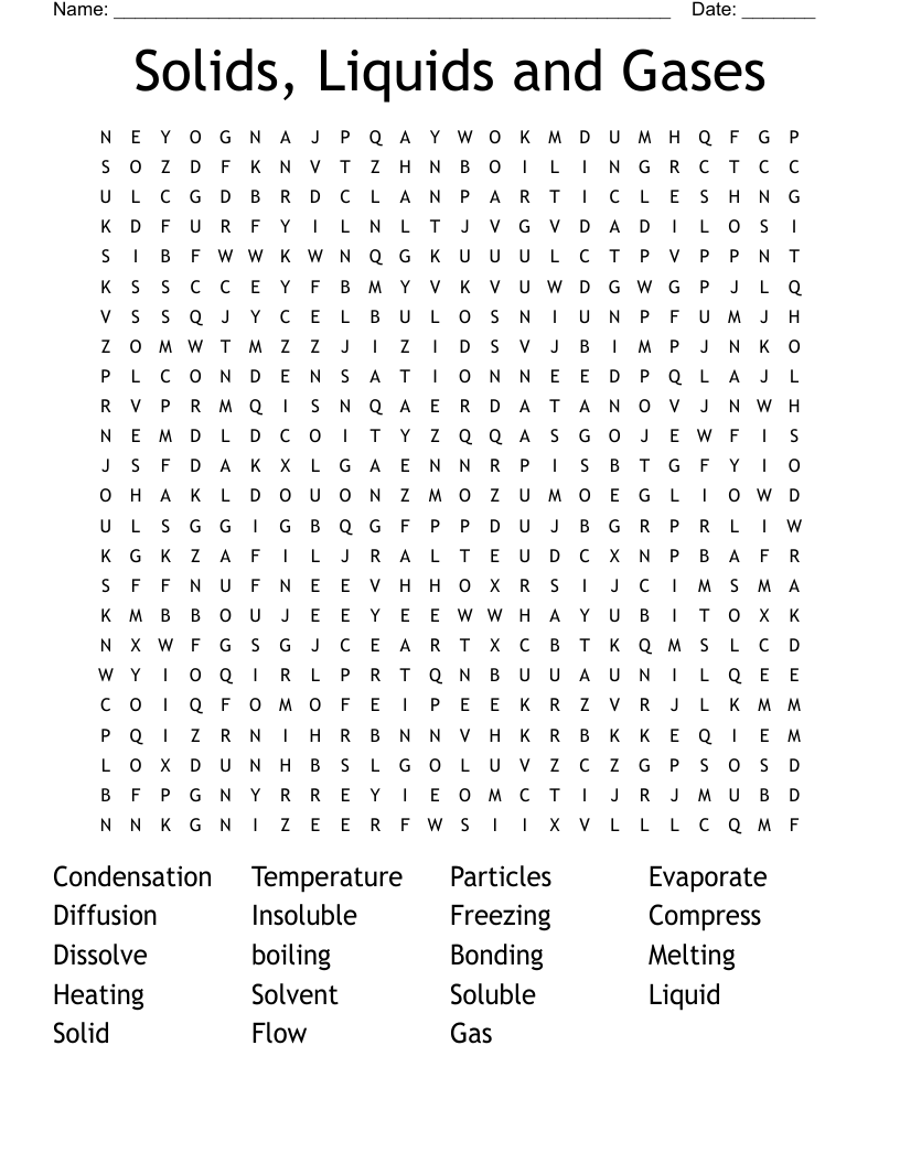 Solids, Liquids and Gases Word Search