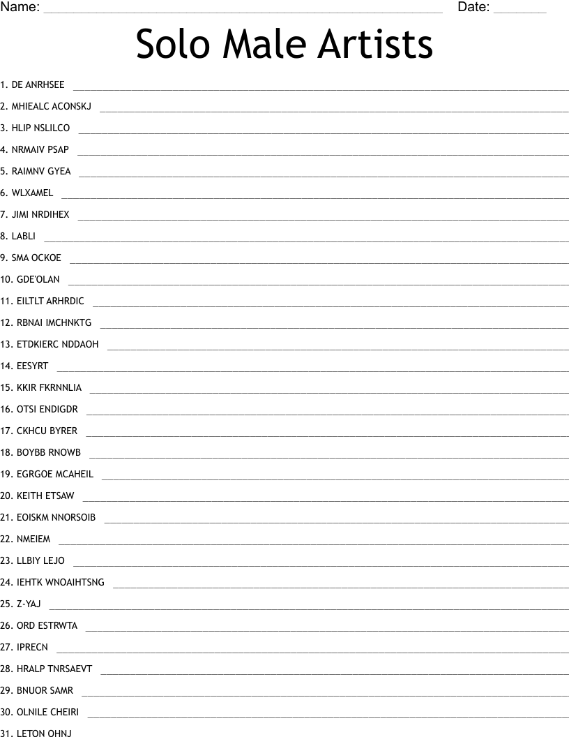 Solo Male Artists Word Scramble