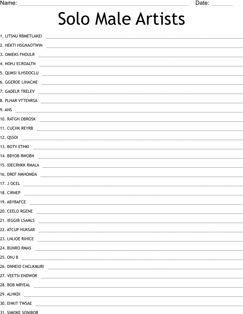 Solo Male Artists Word Scramble