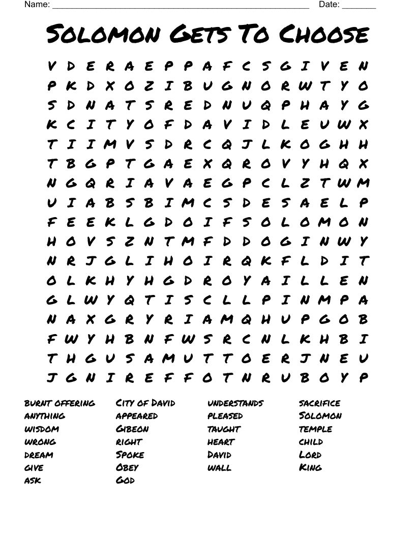 Solomon Gets To Choose Word Search
