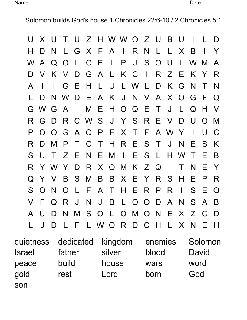 Solomon builds God's house 1 Chronicles 22:6-10 / 2 Chronicles 5:1 Word Search