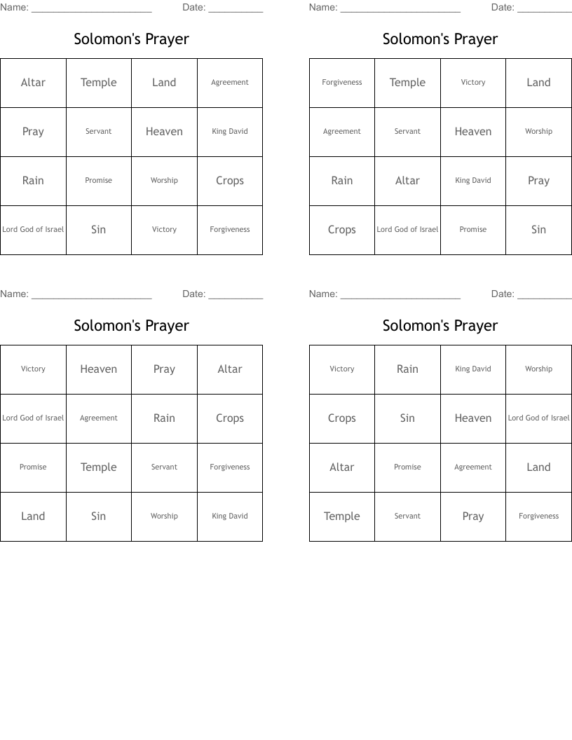 Solomon's Prayer Bingo Cards