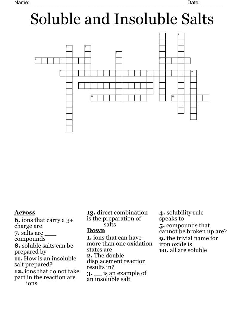 Soluble and Insoluble Salts Crossword