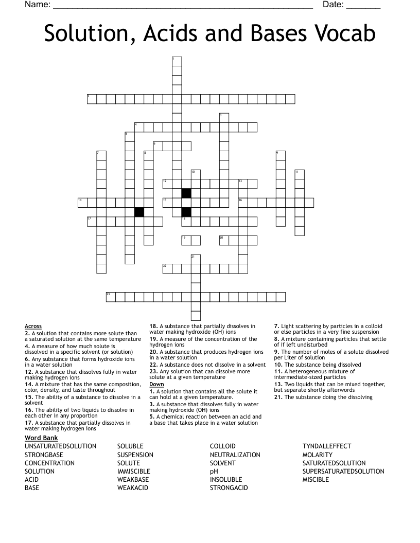 Solution, Acids and Bases Vocab Crossword
