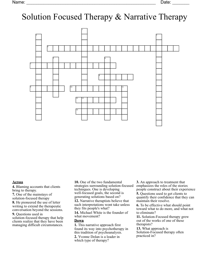 Solution Focused Therapy & Narrative Therapy Crossword