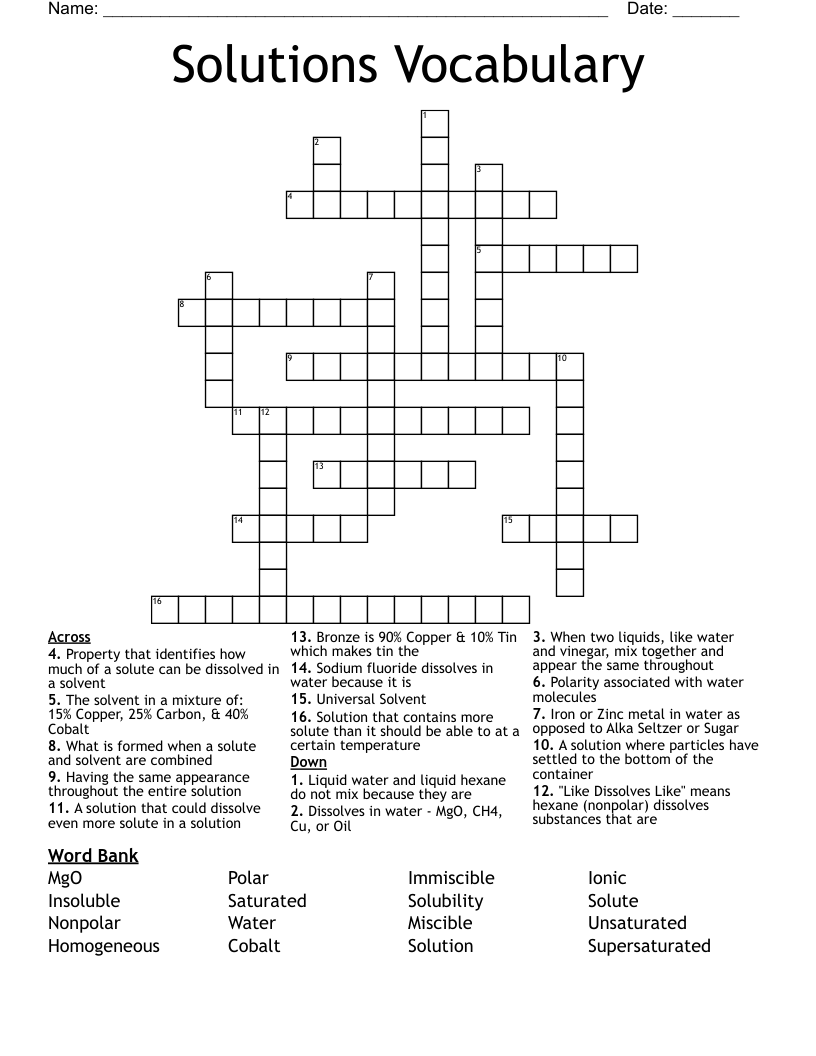 Solutions Vocabulary Crossword