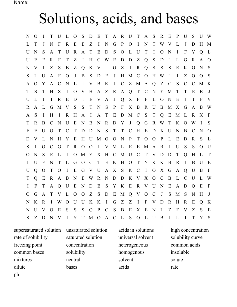 Solutions, acids, and bases Word Search