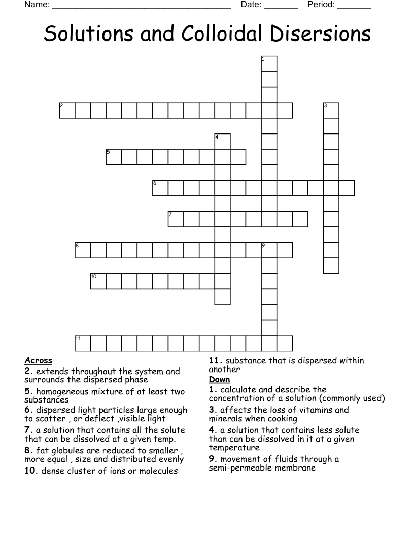 Solutions and Colloidal Disersions Crossword
