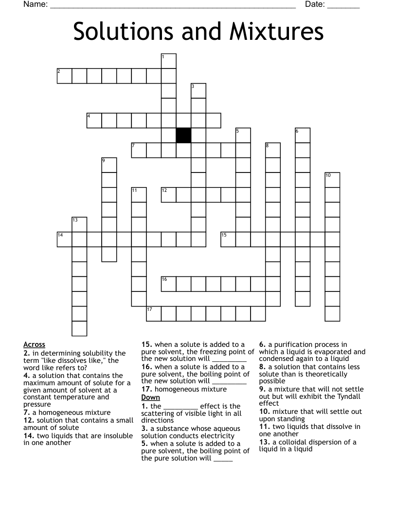 Solutions and Mixtures Crossword