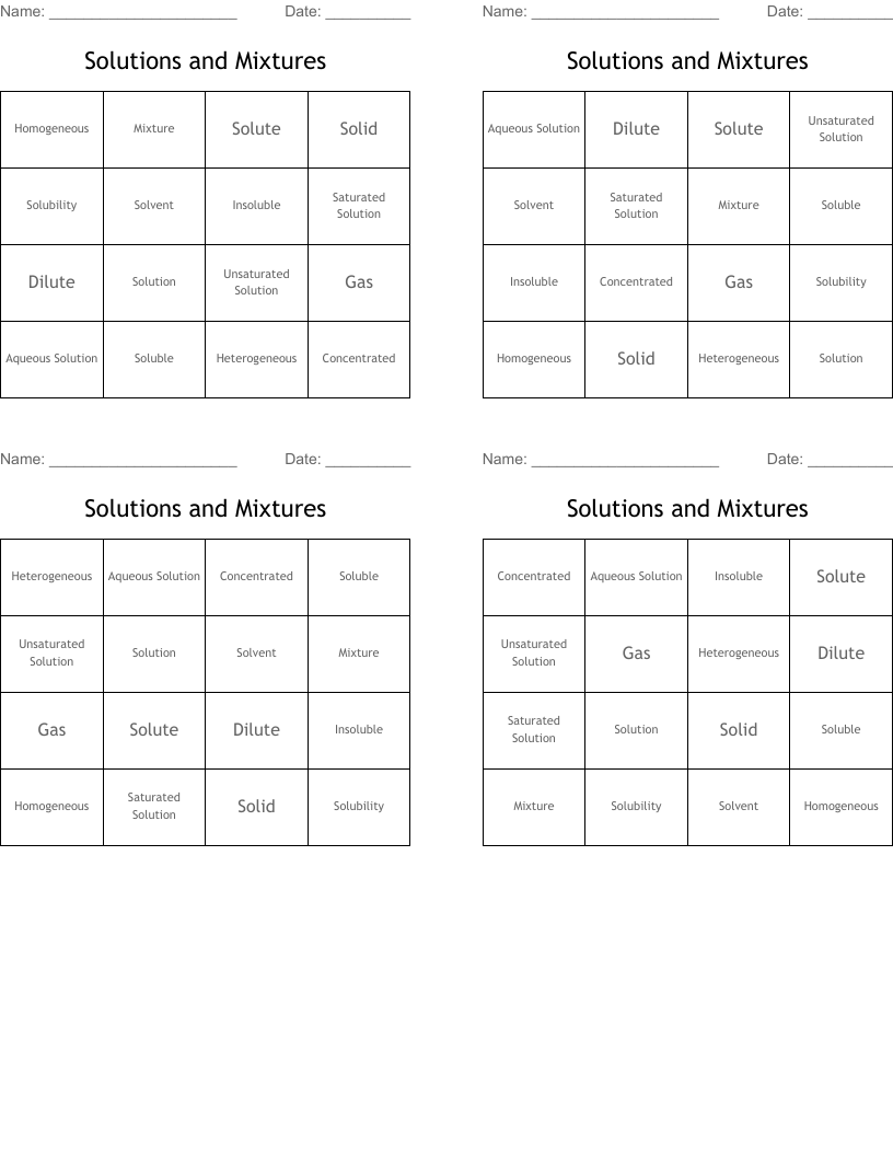 Solutions and Mixtures Bingo Cards