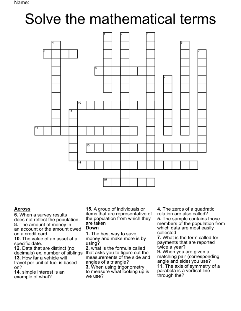 Solve the mathematical terms Crossword