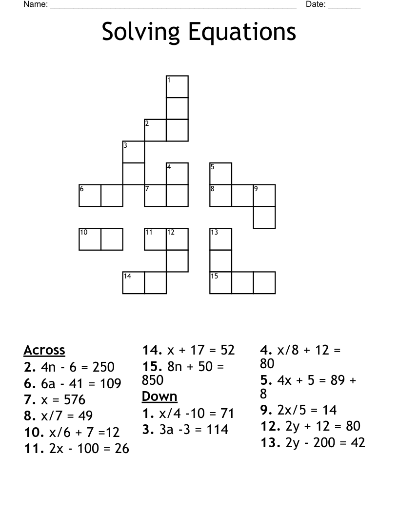 Solving Equations Crossword