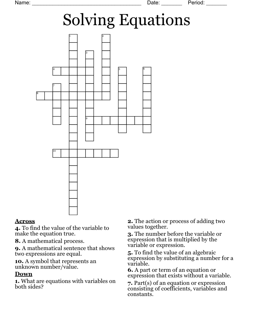 Solving Equations Crossword