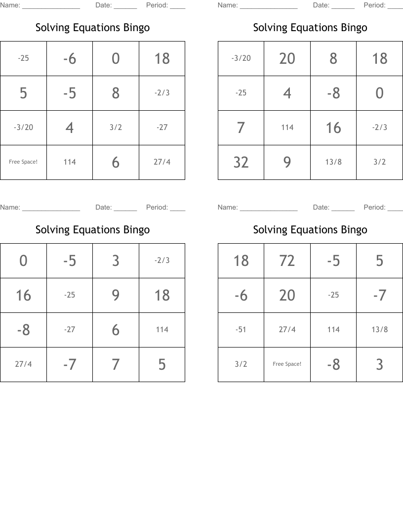 Solving Equations Bingo