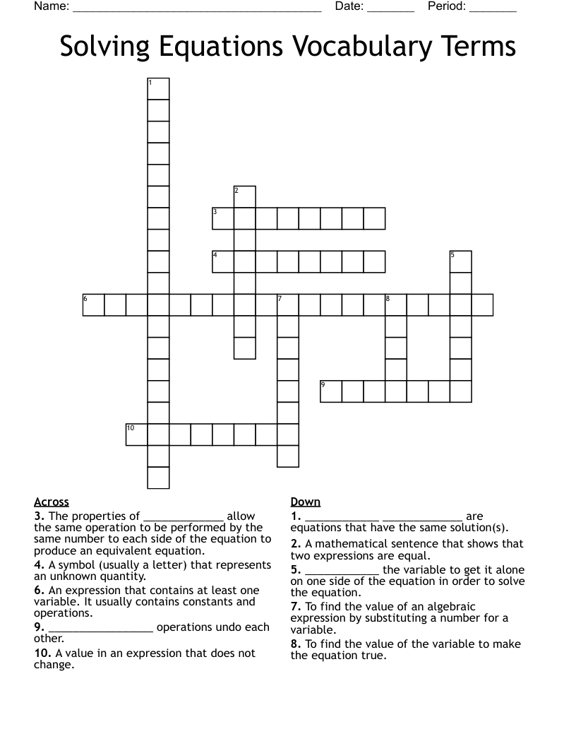 Solving Equations Vocabulary Terms Crossword