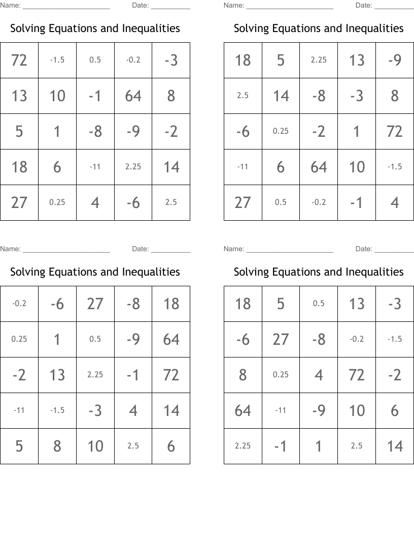 Solving Equations and Inequalities Bingo Cards