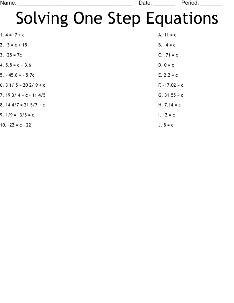 Solving One Step Equations Worksheet