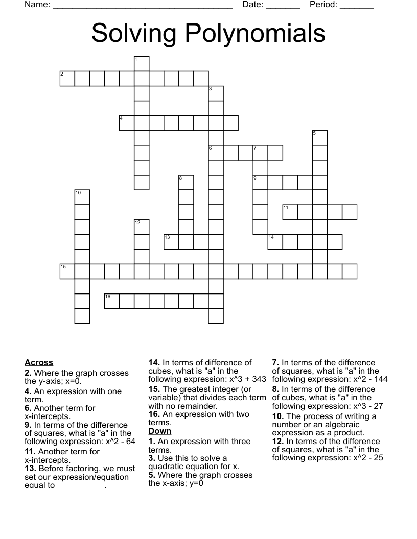 Solving Polynomials Crossword