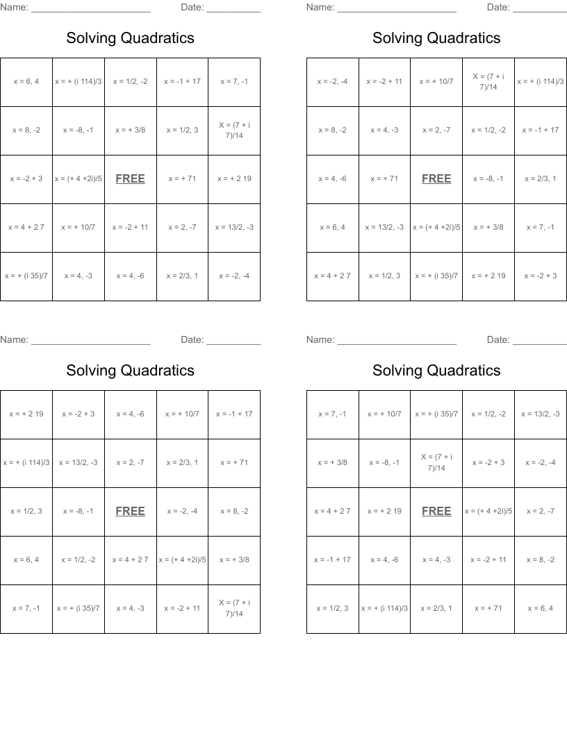 Solving Quadratics Bingo Cards