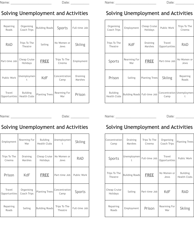 Solving Unemployment and Activities Bingo Cards